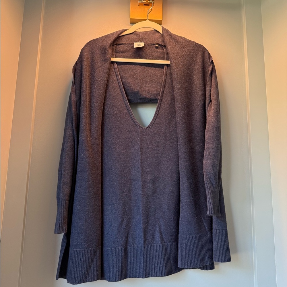CAbi Purple Cardigan Sweater with V-Shaped Back Detail